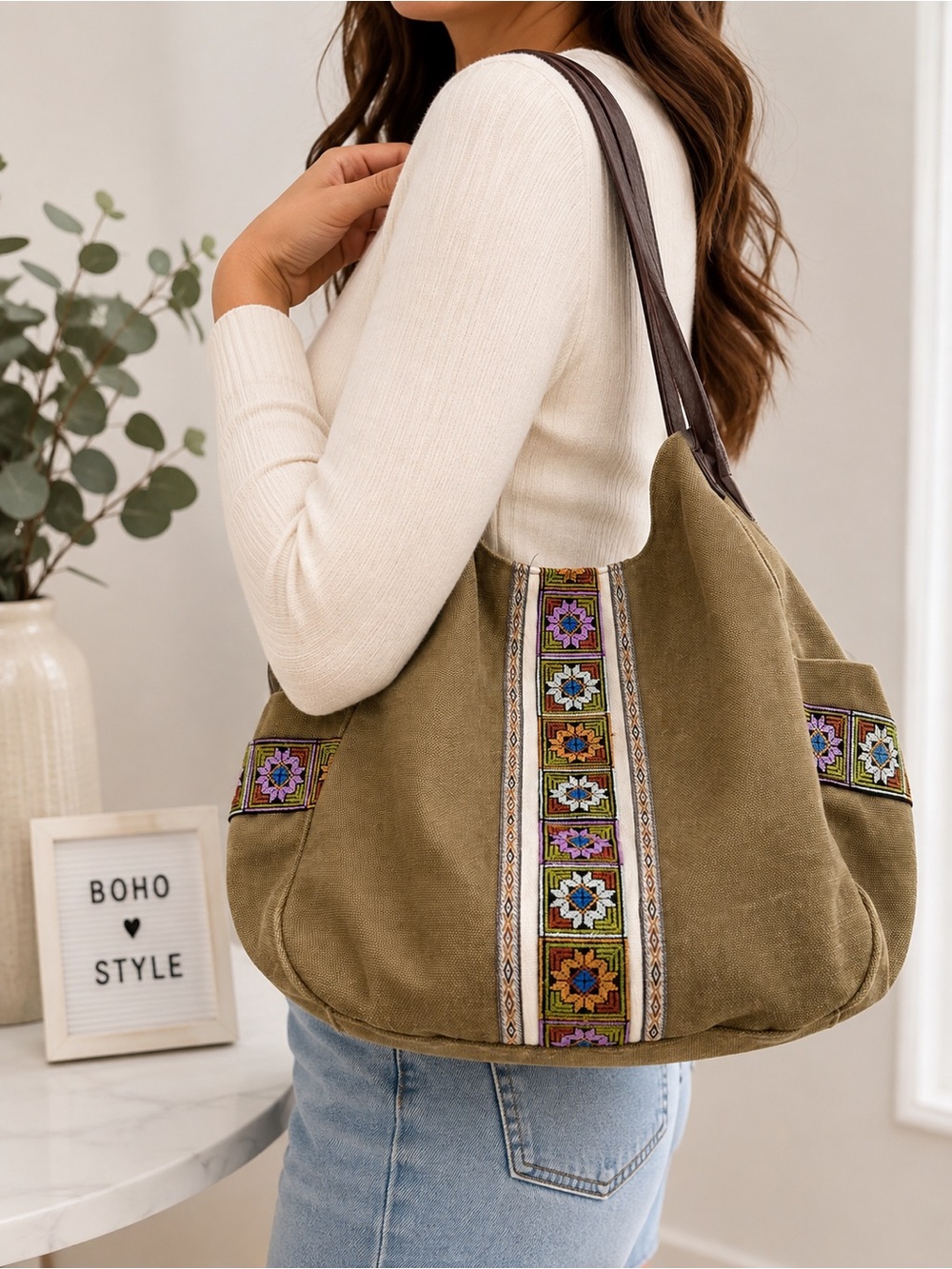 Olive Canvas Shoulder Bag with Embroidered Trim